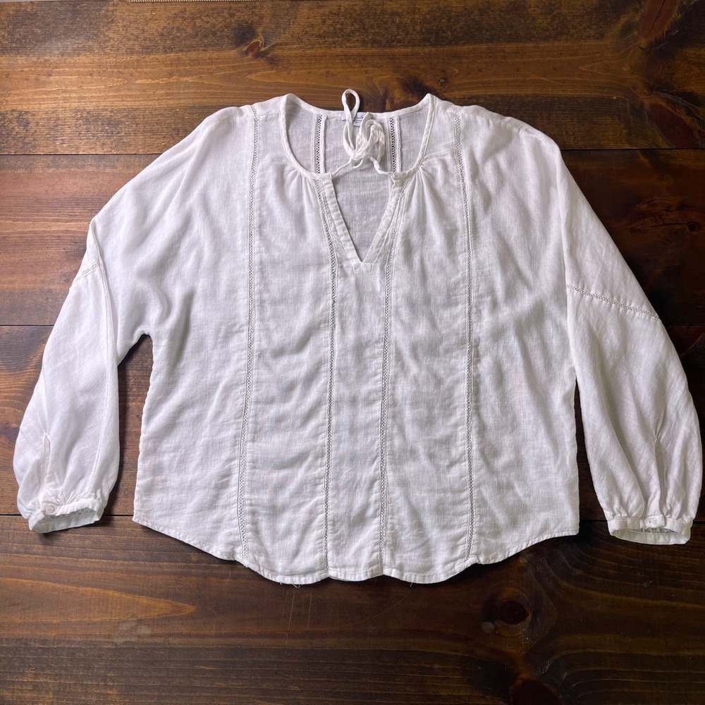 Rails Finn White Lace Detail Linen Relaxed Fit 3/4 Sleeves Blouse Women's Medium